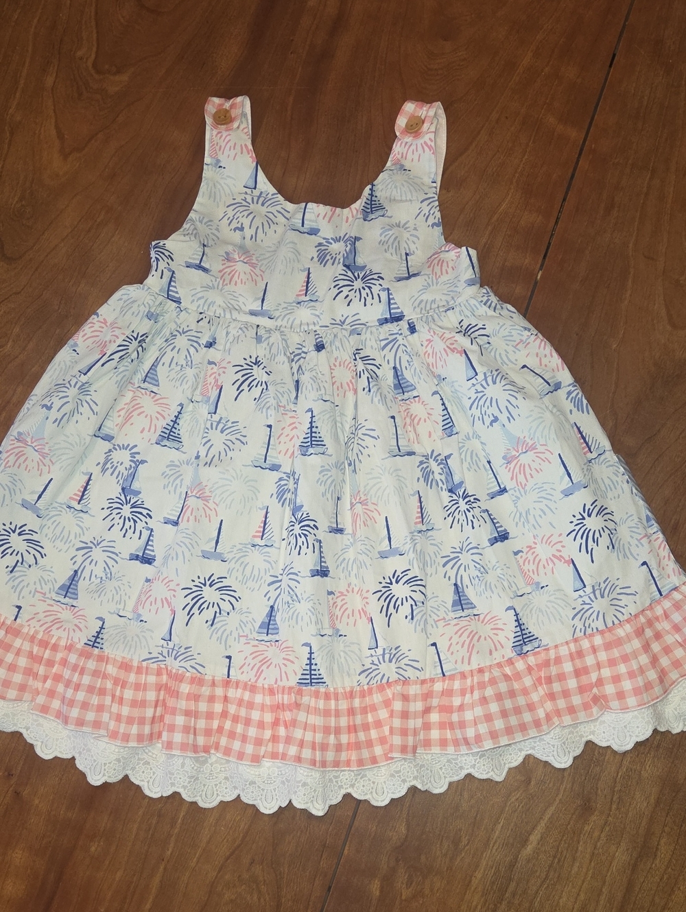 SweetHoney Pink and Blue Fireworks Print Sundress with Gingham Ruffle